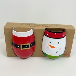 Holiday Cheer Stemless Wine Glasses Santa Snowman Christmas Set of 2 NEW